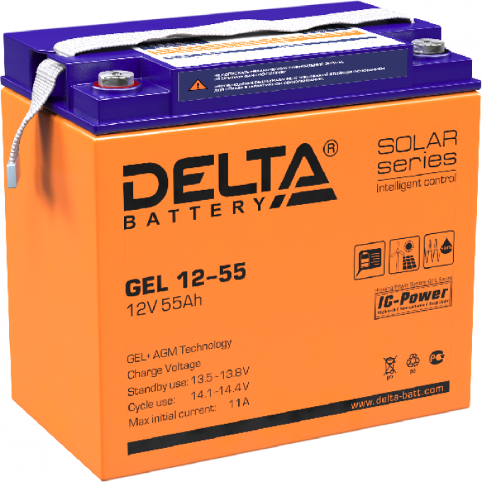 GEL 12-55 Аккумуляторная батарея серии GEL Delta 12В / 55Ач 16.7 11 А DELTA BATTERY GEL-12-55