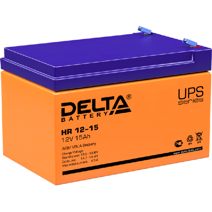 HR 12-15 Аккумуляторная батарея серии UPS Delta 12В / 15Ач 4.6 4.5 А DELTA BATTERY HR-12-15