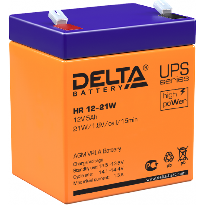 HR 12-21 W Аккумуляторная батарея серии UPS Delta 12В / 5Ач 1,8 1,5 А DELTA BATTERY HR-12-21-W