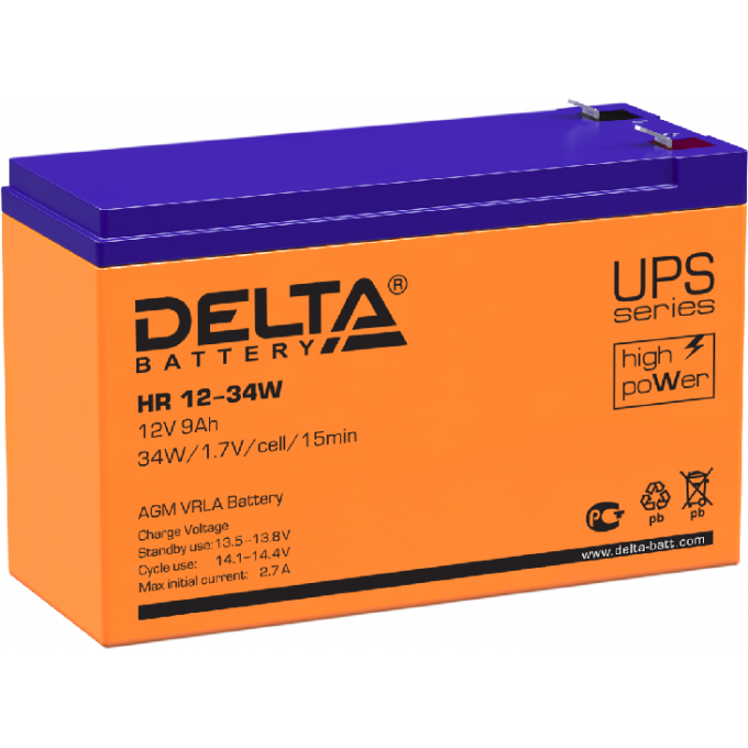 HR 12-34 W Аккумуляторная батарея серии UPS Delta 12В / 9Ач 2,62 2,7 А DELTA BATTERY HR-12-34-W