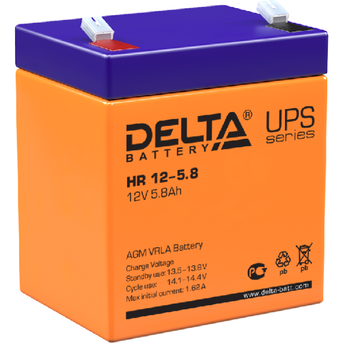 HR 12-5.8 Аккумуляторная батарея серии UPS Delta 12В / 5,8Ач 1,95 1,62 А DELTA BATTERY HR-12-5.8
